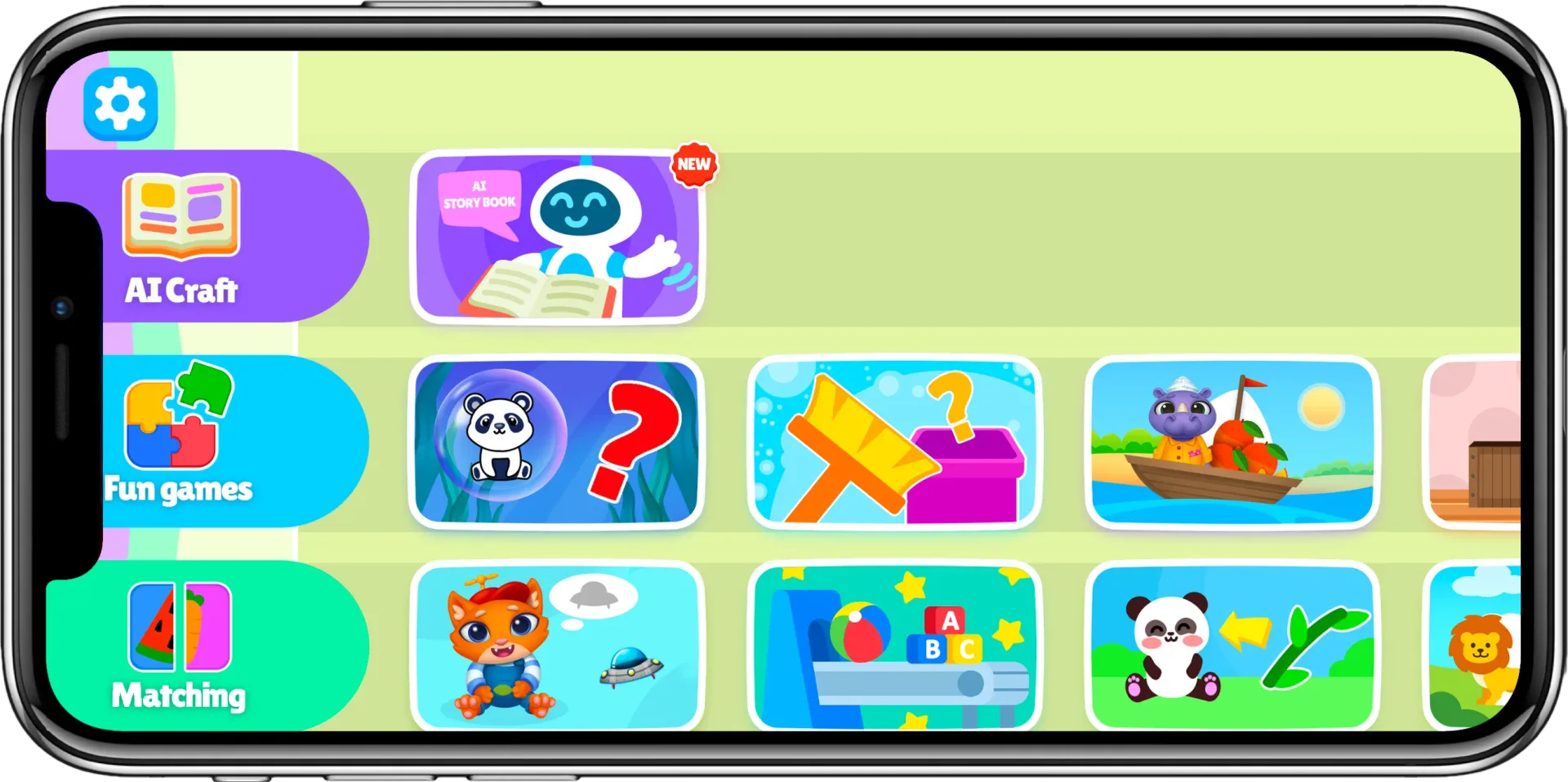 App home screen with AI Craft, Fun games and Matching rows of colorful game tiles